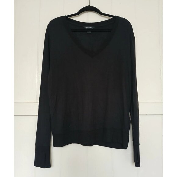 Athleta Coaster Luxe V Neck Sweater Sweatshirt Womens L Black Thumbholes - Picture 1 of 11